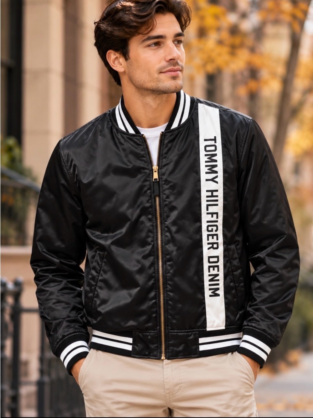 Tommy Hilfiger Denim Men’s Satin Bomber Jacket Black Size Small.